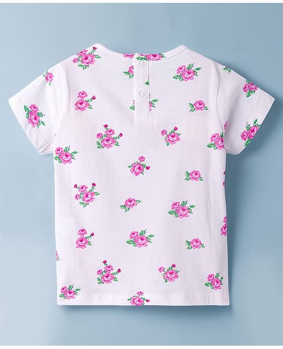 Babyhug Single Jersey Knit Half Sleeves Floral Printed Top & Layered Skirt Set - Pink & White
