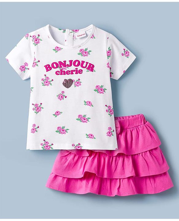 Babyhug Single Jersey Knit Half Sleeves Floral Printed Top & Layered Skirt Set - Pink & White
