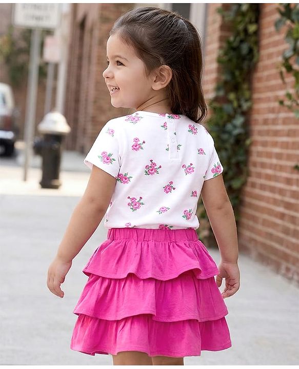 Babyhug Single Jersey Knit Half Sleeves Floral Printed Top & Layered Skirt Set - Pink & White