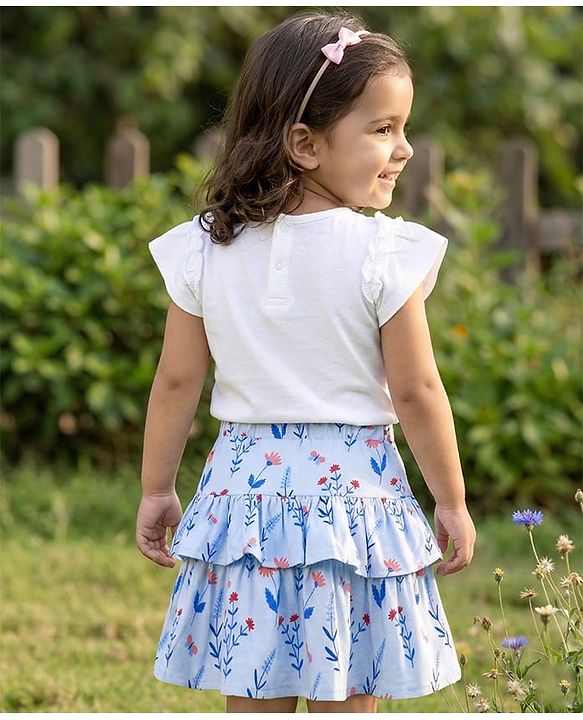 Babyhug Single Jersey Knit Half Sleeves Floral Embroidered Top & Layered Printed Skirt Set- White & Blue