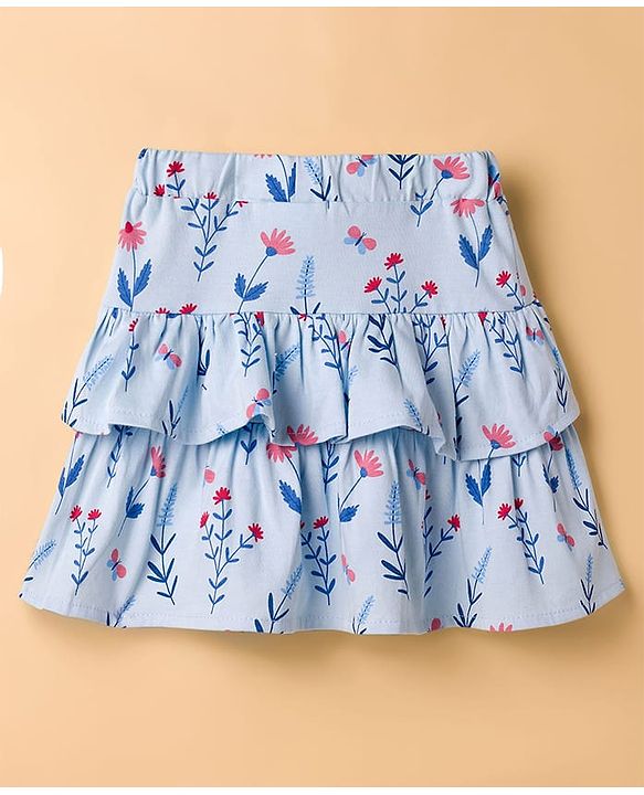 Babyhug Single Jersey Knit Half Sleeves Floral Embroidered Top & Layered Printed Skirt Set- White & Blue