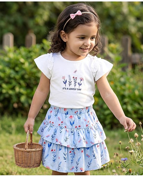 Babyhug Single Jersey Knit Half Sleeves Floral Embroidered Top & Layered Printed Skirt Set- White & Blue