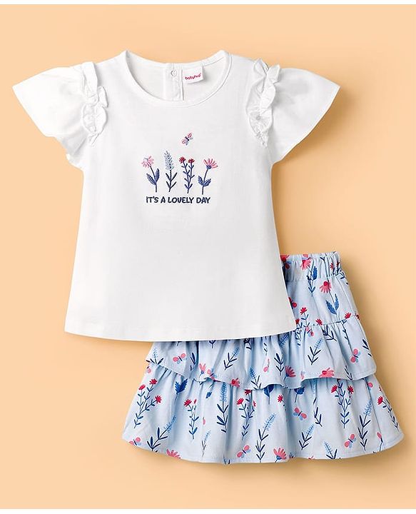 Babyhug Single Jersey Knit Half Sleeves Floral Embroidered Top & Layered Printed Skirt Set- White & Blue