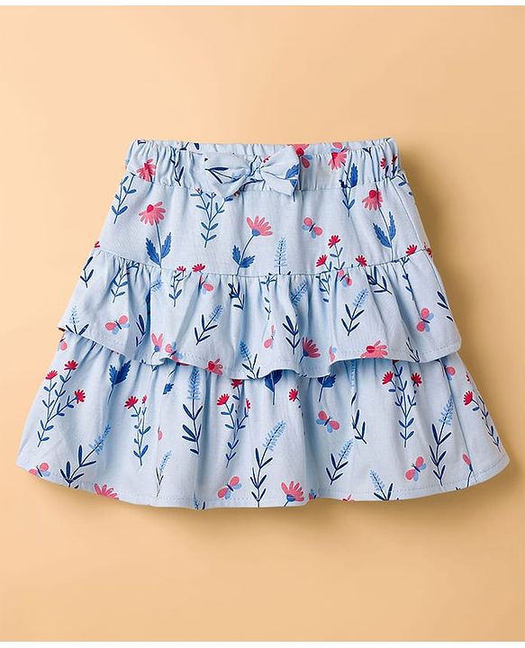 Babyhug Single Jersey Knit Half Sleeves Floral Embroidered Top & Layered Printed Skirt Set- White & Blue
