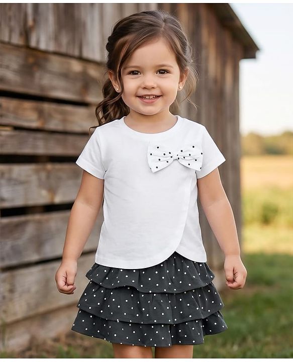 Babyhug Single Jersey Knit Half Sleeves Polka Dot Printed Top & Skirt Set with Bow Applique - White & Black