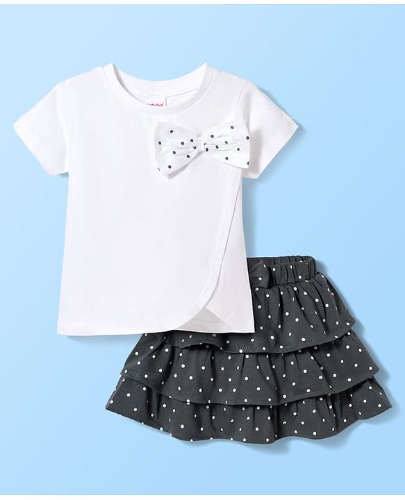 Babyhug Single Jersey Knit Half Sleeves Polka Dot Printed Top & Skirt Set with Bow Applique - White & Black
