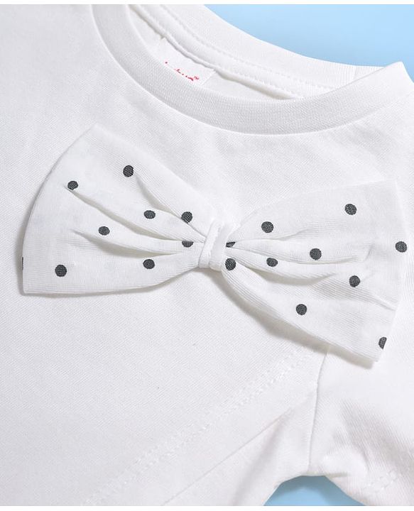 Babyhug Single Jersey Knit Half Sleeves Polka Dot Printed Top & Skirt Set with Bow Applique - White & Black