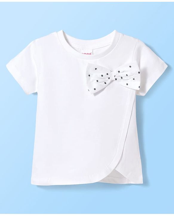Babyhug Single Jersey Knit Half Sleeves Polka Dot Printed Top & Skirt Set with Bow Applique - White & Black