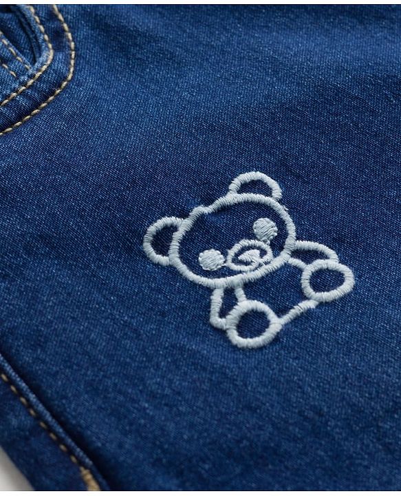 Pine Kids Woven Full Length Washed Bear Embroidered Jeans - Navy Blue