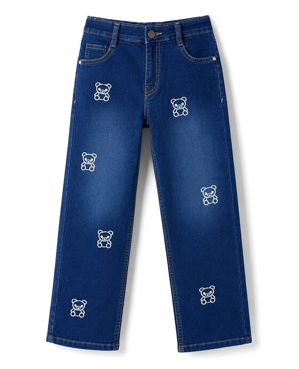 Pine Kids Woven Full Length Washed Bear Embroidered Jeans - Navy Blue