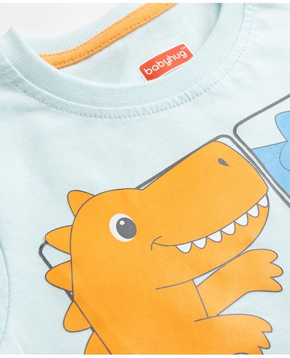 Babyhug Cotton Knit Half Sleeves T-Shirt With Dino Print - Multicolor