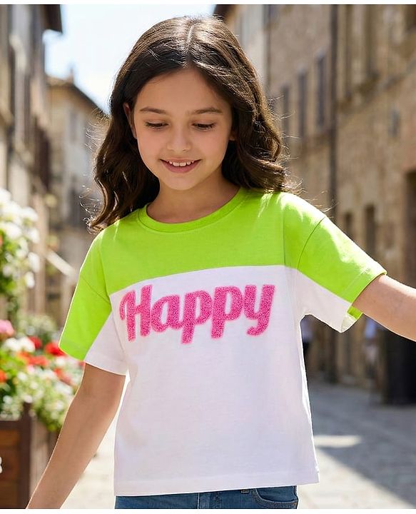 Pine Kids Cotton Knit Drop Shoulder Half Sleeves Cut & Sew T-Shirt with Happy Embroidery - White