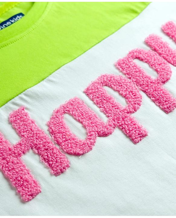 Pine Kids Cotton Knit Drop Shoulder Half Sleeves Cut & Sew T-Shirt with Happy Embroidery - White