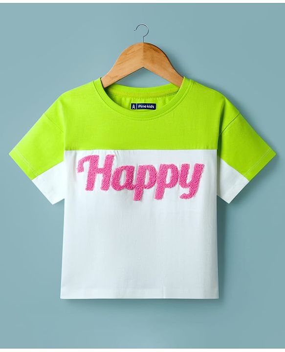 Pine Kids Cotton Knit Drop Shoulder Half Sleeves Cut & Sew T-Shirt with Happy Embroidery - White