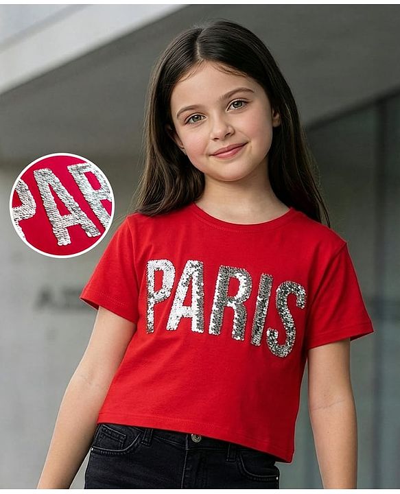 Pine Kids Cotton Knit Half Sleeves T-Shirt with Sequin Detailing - Red