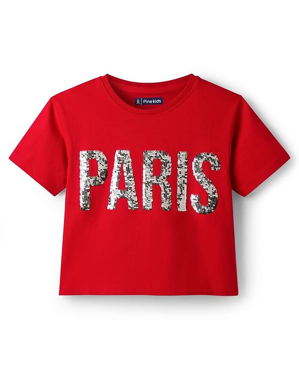 Pine Kids Cotton Knit Half Sleeves T-Shirt with Sequin Detailing - Red