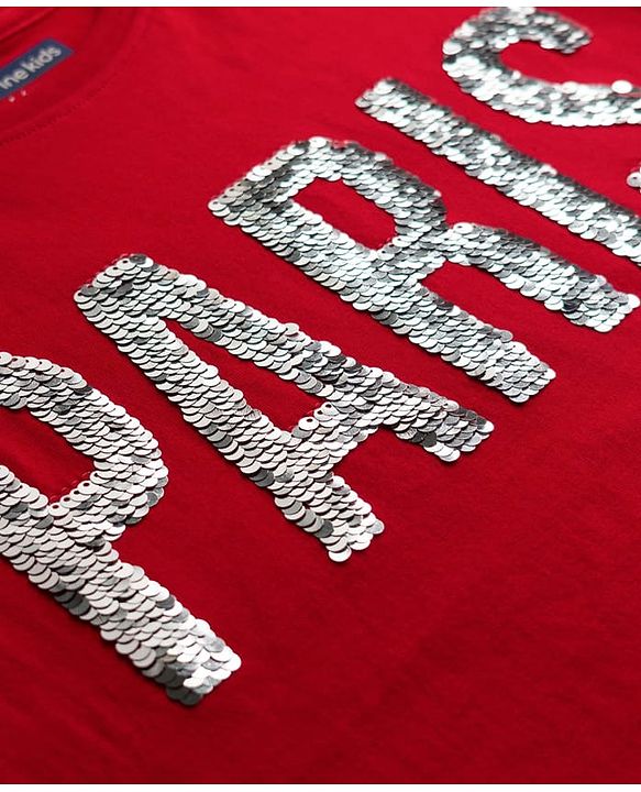 Pine Kids Cotton Knit Half Sleeves T-Shirt with Sequin Detailing - Red