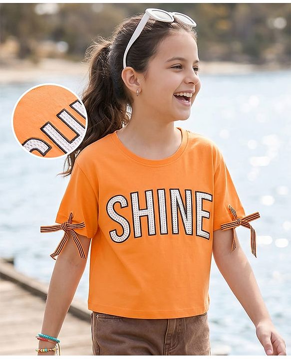 Pine Kids Cotton Knit Half Sleeves T-Shirt With Rhinestone & Embroidery Detailing - Orange