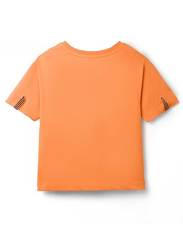 Pine Kids Cotton Knit Half Sleeves T-Shirt With Rhinestone & Embroidery Detailing - Orange