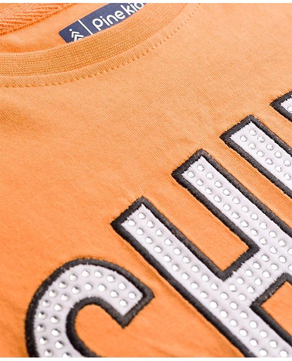 Pine Kids Cotton Knit Half Sleeves T-Shirt With Rhinestone & Embroidery Detailing - Orange