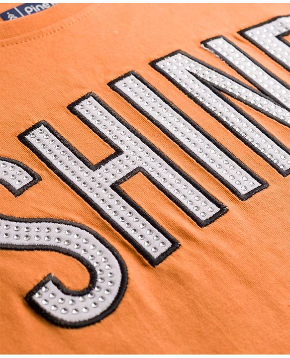 Pine Kids Cotton Knit Half Sleeves T-Shirt With Rhinestone & Embroidery Detailing - Orange