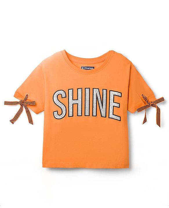 Pine Kids Cotton Knit Half Sleeves T-Shirt With Rhinestone & Embroidery Detailing - Orange