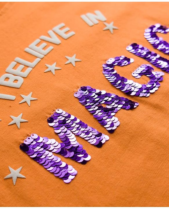 Pine Kids Cotton Knit Half Sleeves T-Shirt with Sequin Detailing - Orange