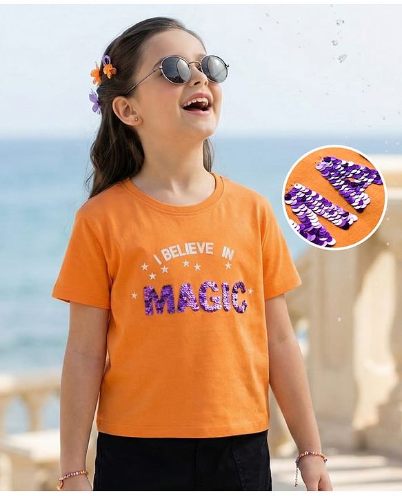 Pine Kids Cotton Knit Half Sleeves T-Shirt with Sequin Detailing - Orange