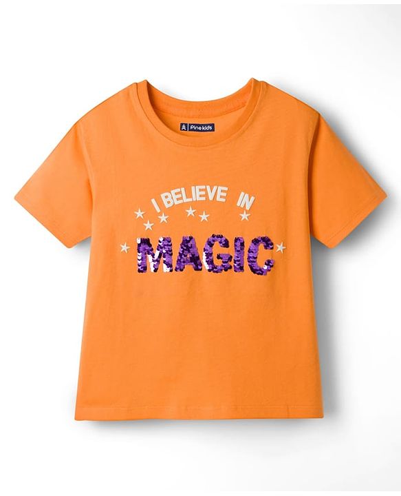 Pine Kids Cotton Knit Half Sleeves T-Shirt with Sequin Detailing - Orange
