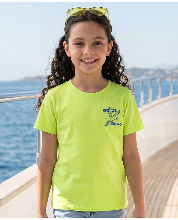 Pine Kids Cotton Knit Half Sleeves T-Shirt With Front & Back Rio Print - Lime Green