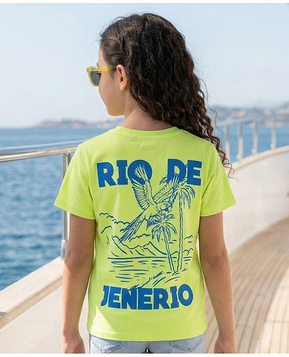 Pine Kids Cotton Knit Half Sleeves T-Shirt With Front & Back Rio Print - Lime Green