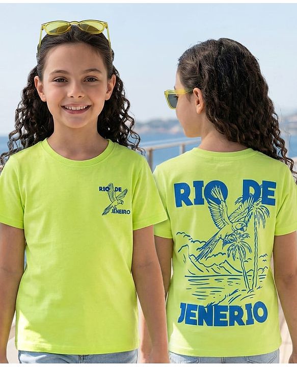 Pine Kids Cotton Knit Half Sleeves T-Shirt With Front & Back Rio Print - Lime Green