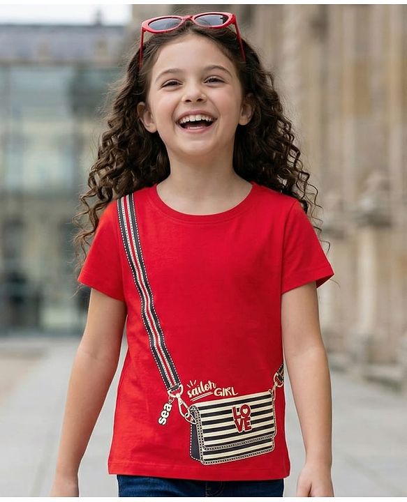 Pine Kids 100% Cotton Knit Half Sleeves Purse Printed T-Shirt - Red