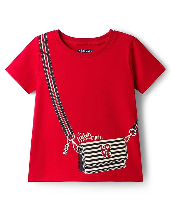Pine Kids 100% Cotton Knit Half Sleeves Purse Printed T-Shirt - Red
