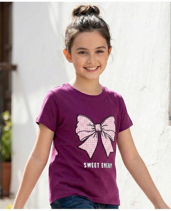 Pine Kids Cotton Knit Half Sleeves T-Shirt with Bow Embroidery - Purple