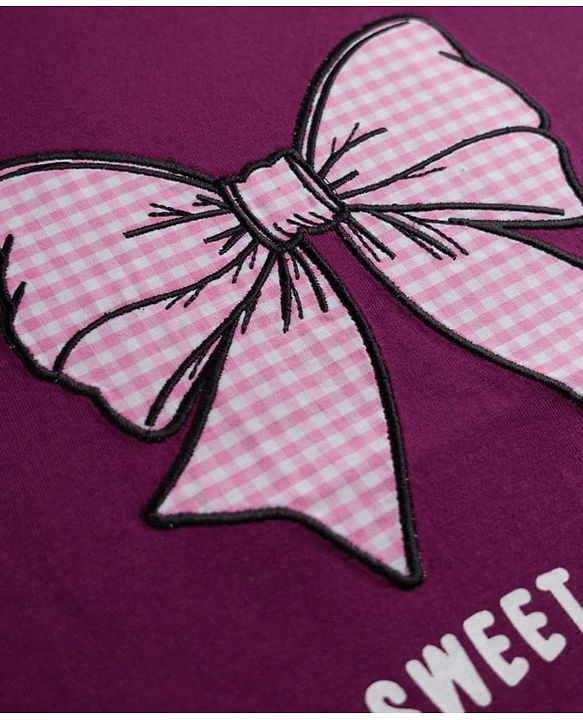 Pine Kids Cotton Knit Half Sleeves T-Shirt with Bow Embroidery - Purple