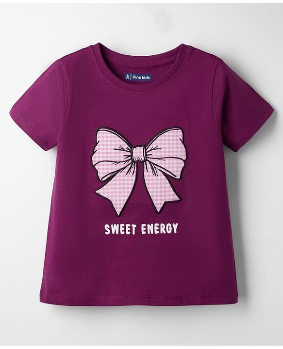 Pine Kids Cotton Knit Half Sleeves T-Shirt with Bow Embroidery - Purple