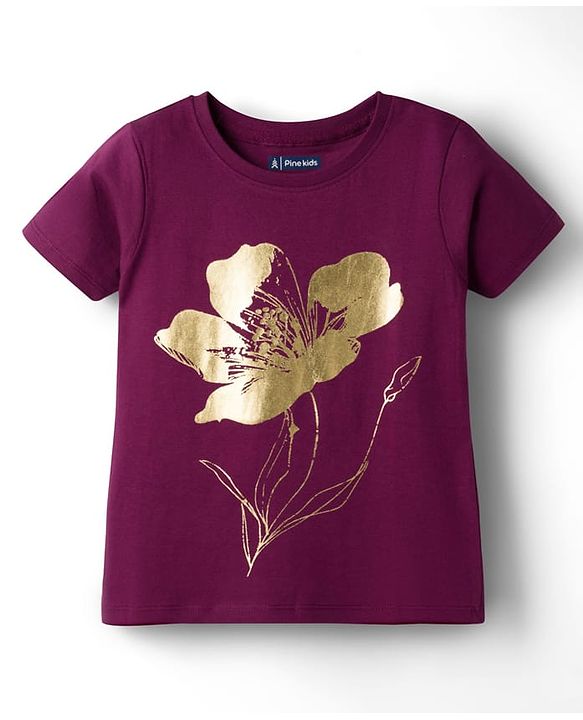 Pine Kids Cotton Knit Half Sleeves T-Shirt with Floral Foil Print - Purple