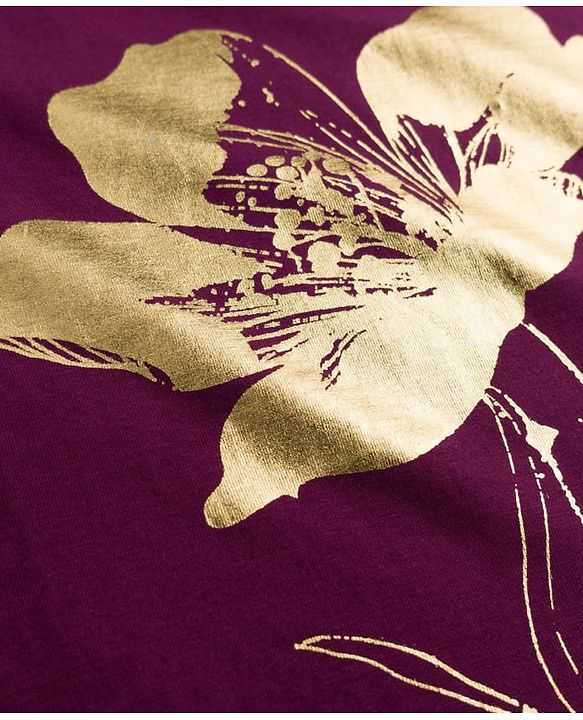 Pine Kids Cotton Knit Half Sleeves T-Shirt with Floral Foil Print - Purple