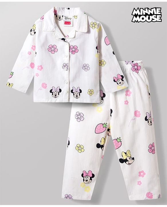Babyhug Disney 100% Cotton Woven Full Sleeves Front Open Co-Ords Shirt & Pyjama Night Suit With Minnie Mouse Print - White