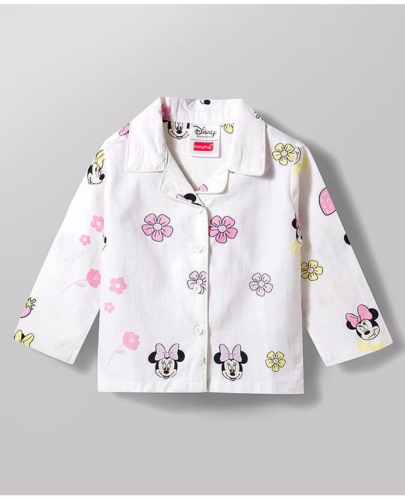 Babyhug Disney 100% Cotton Woven Full Sleeves Front Open Co-Ords Shirt & Pyjama Night Suit With Minnie Mouse Print - White