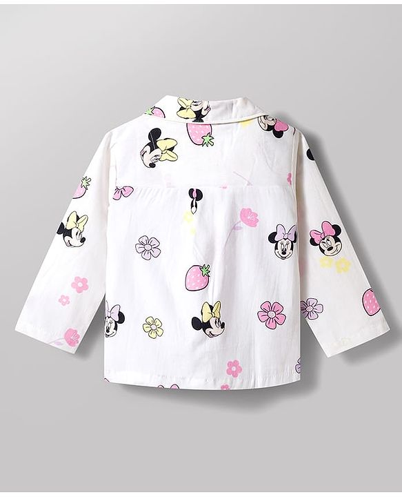 Babyhug Disney 100% Cotton Woven Full Sleeves Front Open Co-Ords Shirt & Pyjama Night Suit With Minnie Mouse Print - White