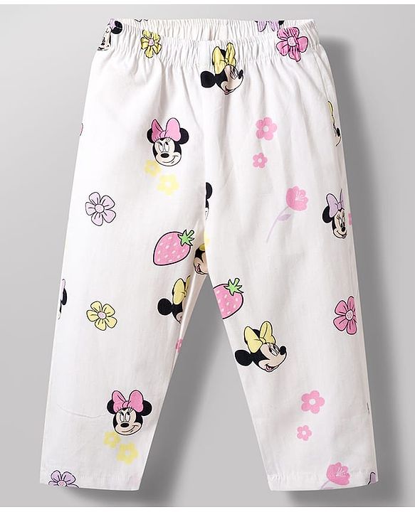 Babyhug Disney 100% Cotton Woven Full Sleeves Front Open Co-Ords Shirt & Pyjama Night Suit With Minnie Mouse Print - White
