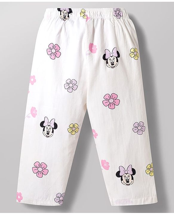 Babyhug Disney 100% Cotton Woven Full Sleeves Front Open Co-Ords Shirt & Pyjama Night Suit With Minnie Mouse Print - White