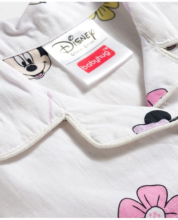 Babyhug Disney 100% Cotton Woven Full Sleeves Front Open Co-Ords Shirt & Pyjama Night Suit With Minnie Mouse Print - White
