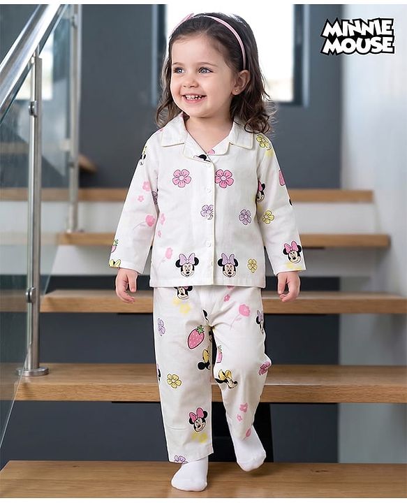 Babyhug Disney 100% Cotton Woven Full Sleeves Front Open Co-Ords Shirt & Pyjama Night Suit With Minnie Mouse Print - White