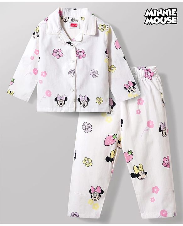Babyhug Disney 100% Cotton Woven Full Sleeves Front Open Co-Ords Shirt & Pyjama Night Suit With Minnie Mouse Print - White