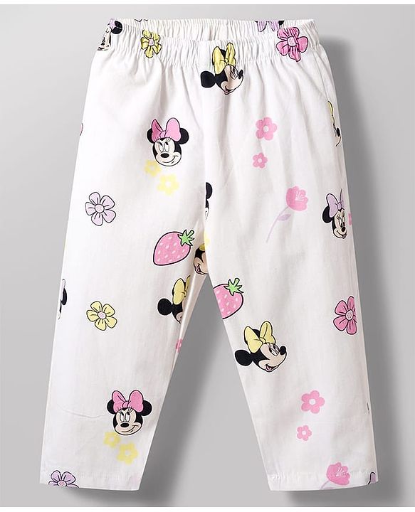 Babyhug Disney 100% Cotton Woven Full Sleeves Front Open Co-Ords Shirt & Pyjama Night Suit With Minnie Mouse Print - White