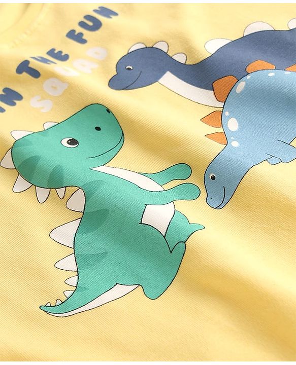 Babyhug Cotton Knit Half Sleeves T-Shirt with Dino Print - Yellow