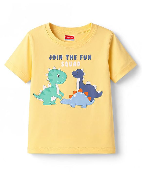 Babyhug Cotton Knit Half Sleeves T-Shirt with Dino Print - Yellow